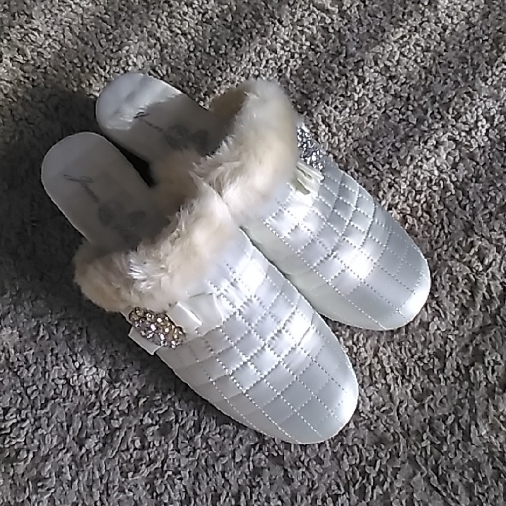 Joan Boyce White Quilted Slippers with Fur Trim
